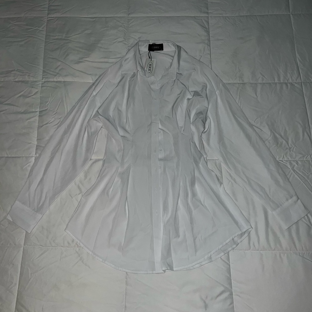 White synched button up dress shirt from Cider.
